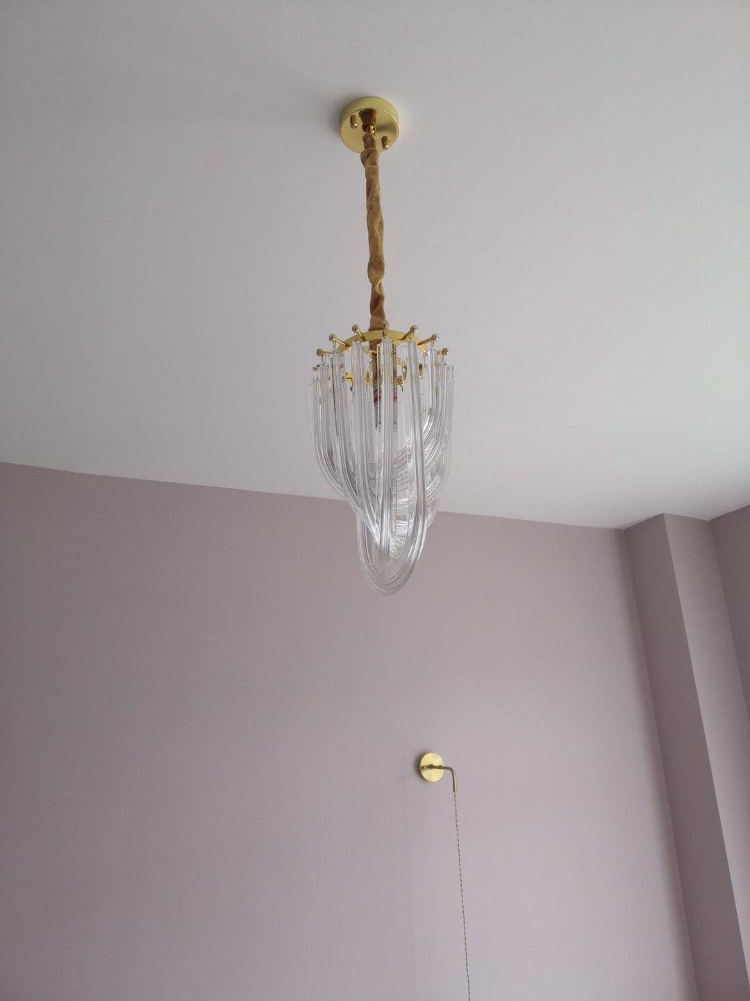 Trevi Glass Chandelier — Polished Gold Canopy, Curved Clear Glass Rods, 5 Sizes