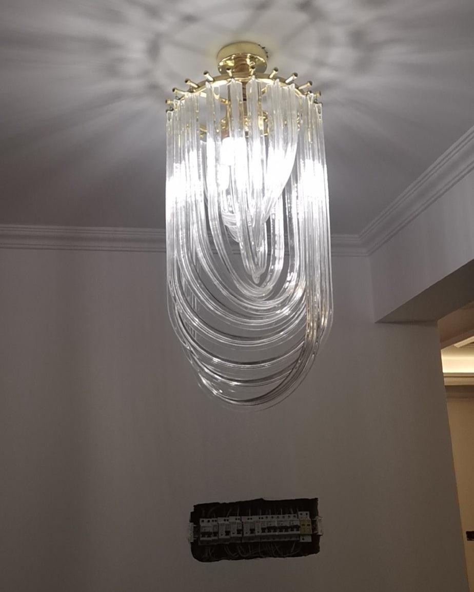Trevi Glass Chandelier — Polished Gold Canopy, Curved Clear Glass Rods, 5 Sizes