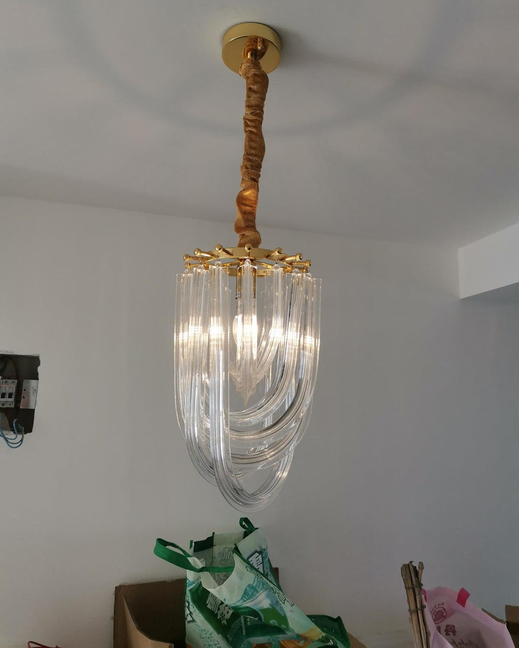 Trevi Glass Chandelier — Polished Gold Canopy, Curved Clear Glass Rods, 5 Sizes