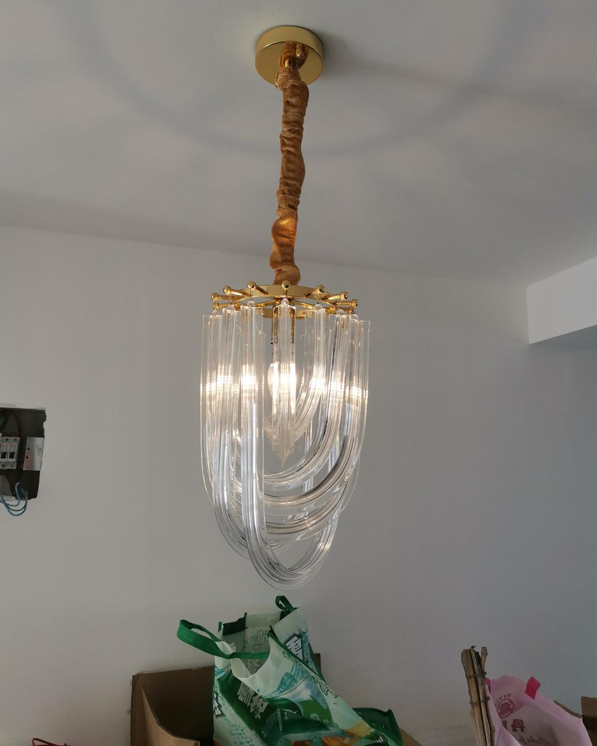 Trevi Glass Chandelier — Polished Gold Canopy, Curved Clear Glass Rods, 5 Sizes