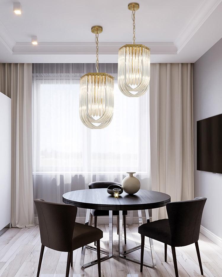 Trevi Glass Chandelier — Polished Gold Canopy, Curved Clear Glass Rods, 5 Sizes