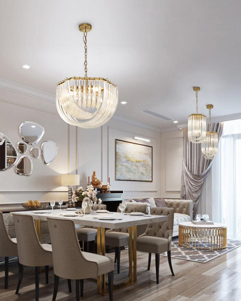 Trevi Glass Chandelier — Polished Gold Canopy, Curved Clear Glass Rods, 5 Sizes