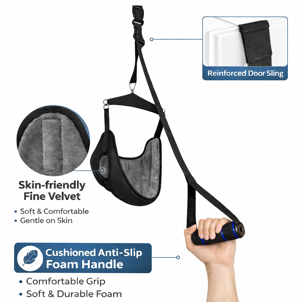 A side view shows how the neck stretcher decompresses the spine.