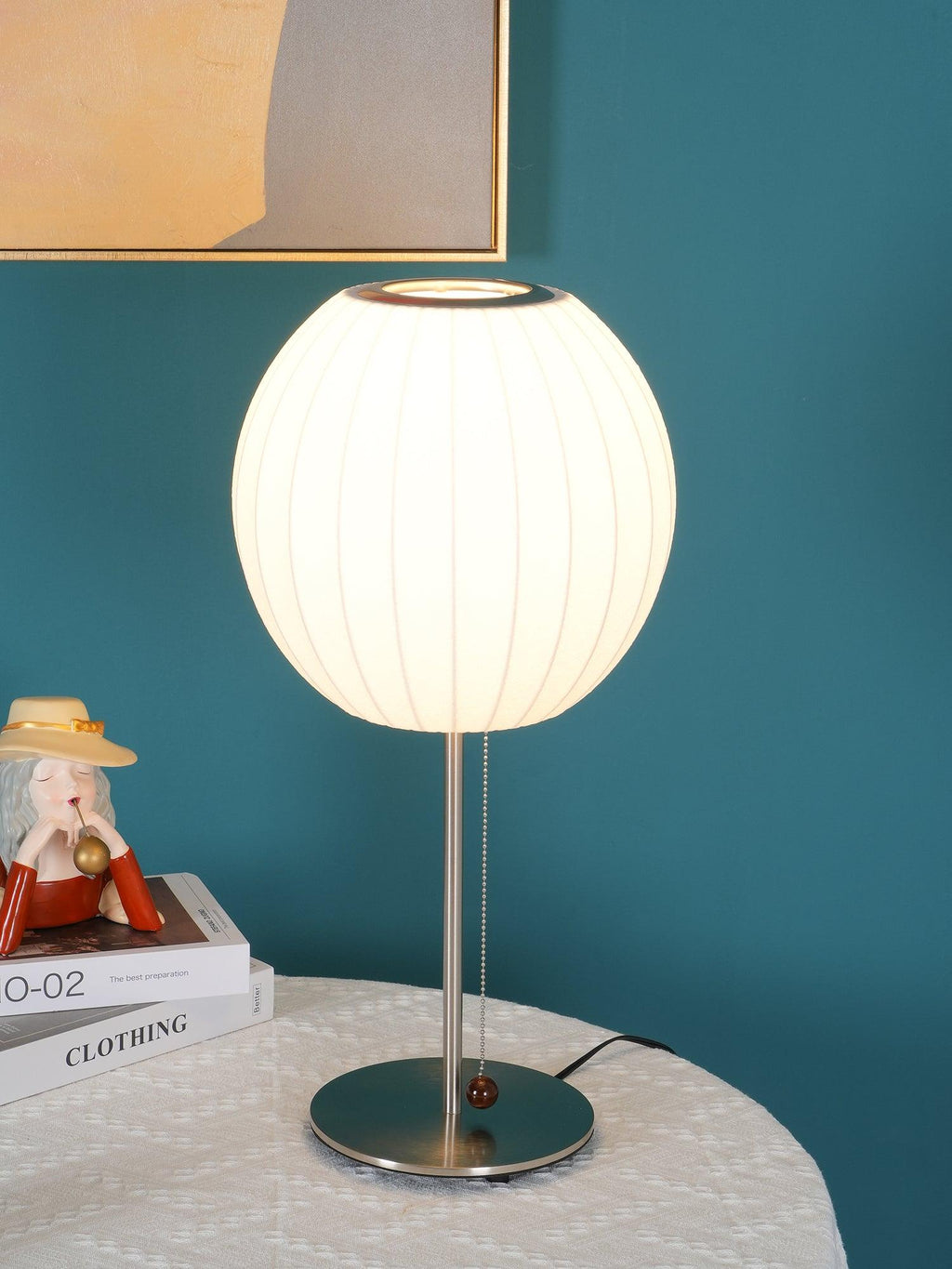 מנורת שולחן בועתית דמוית משי — מוט כרום, שרשרת משיכה