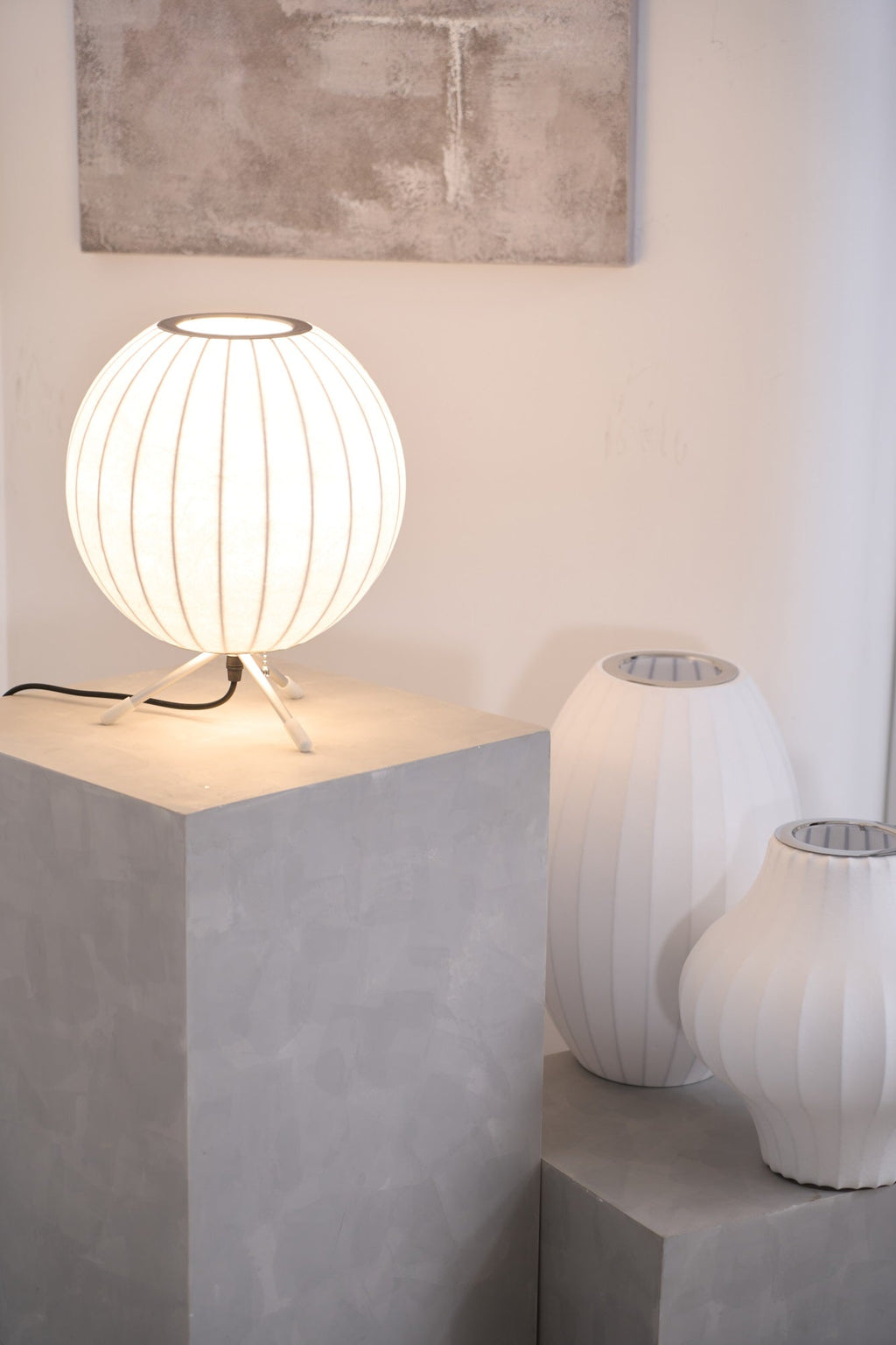Sphere Form Table Lamp — Triangular Base, Warm Glow
