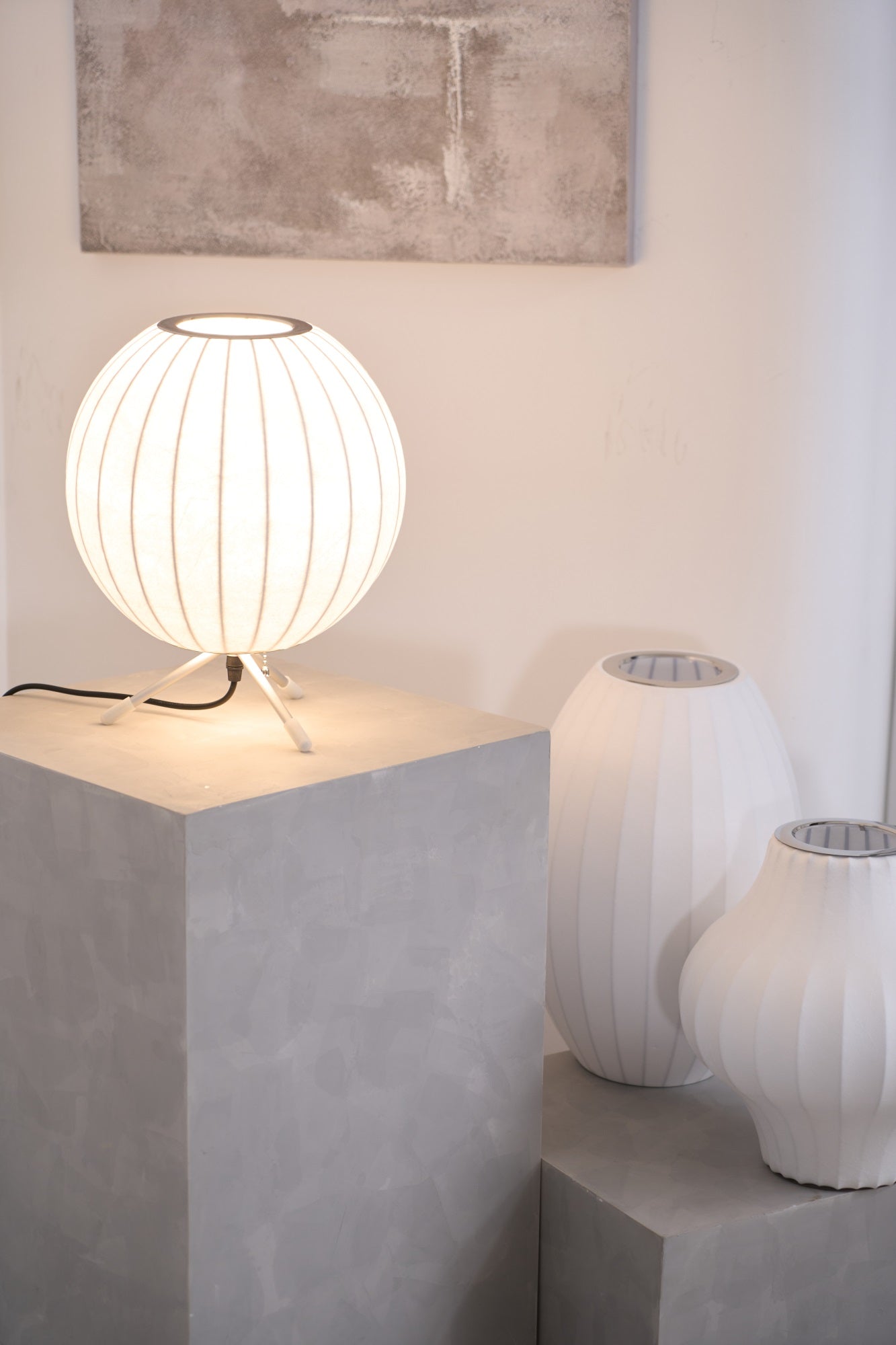 Sphere Form Table Lamp — Triangular Base, Warm Glow
