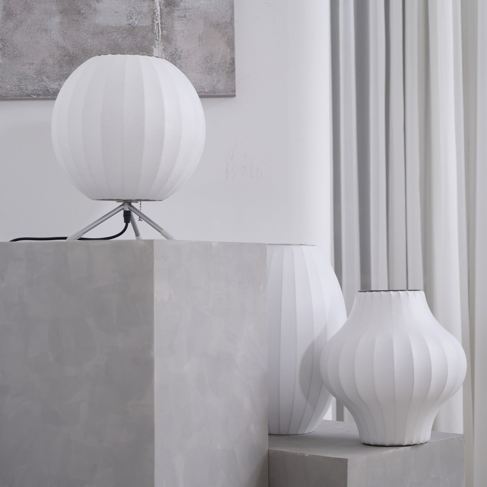 Sphere Form Table Lamp — Triangular Base, Warm Glow