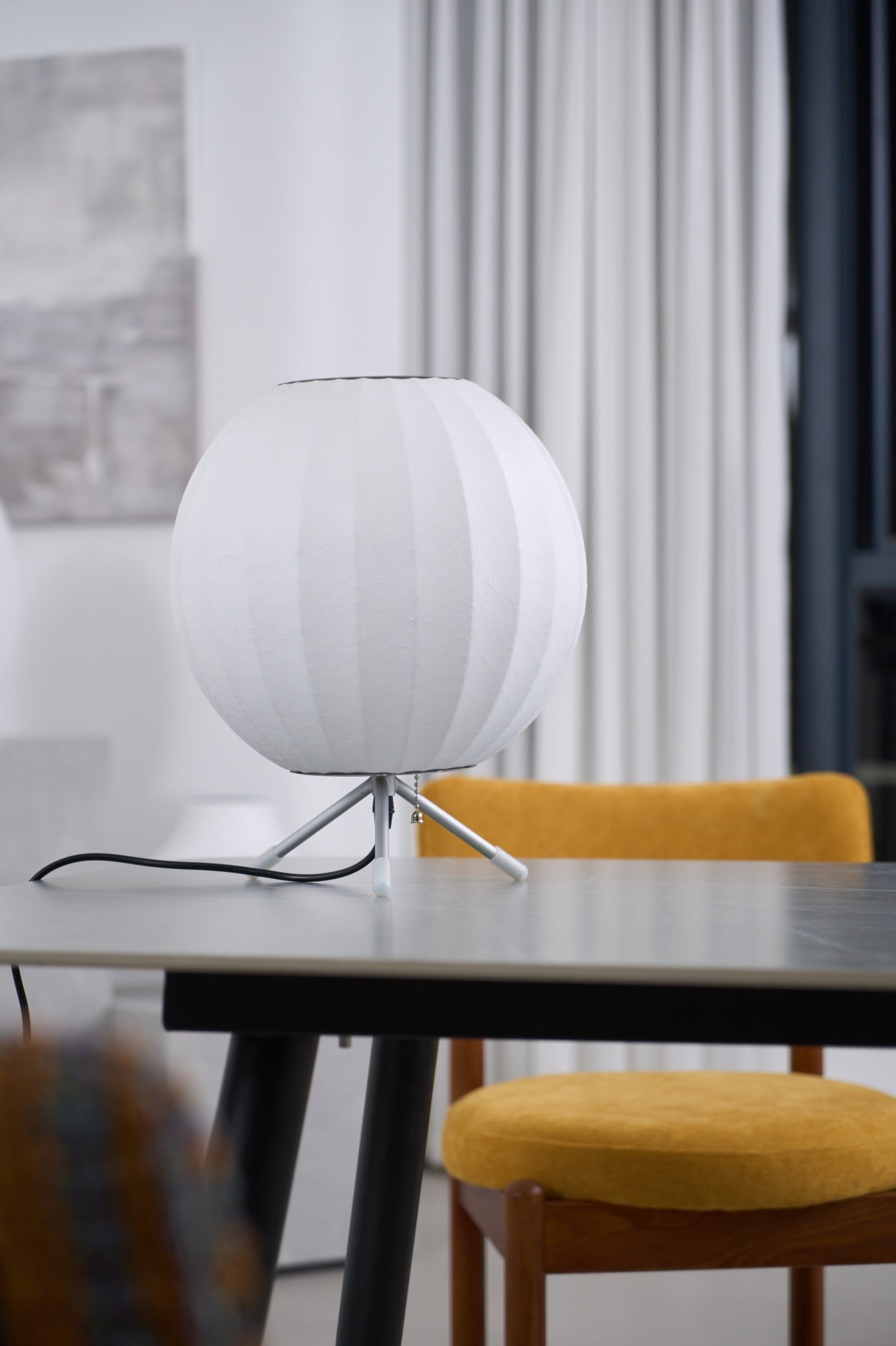 Sphere Form Table Lamp — Triangular Base, Warm Glow