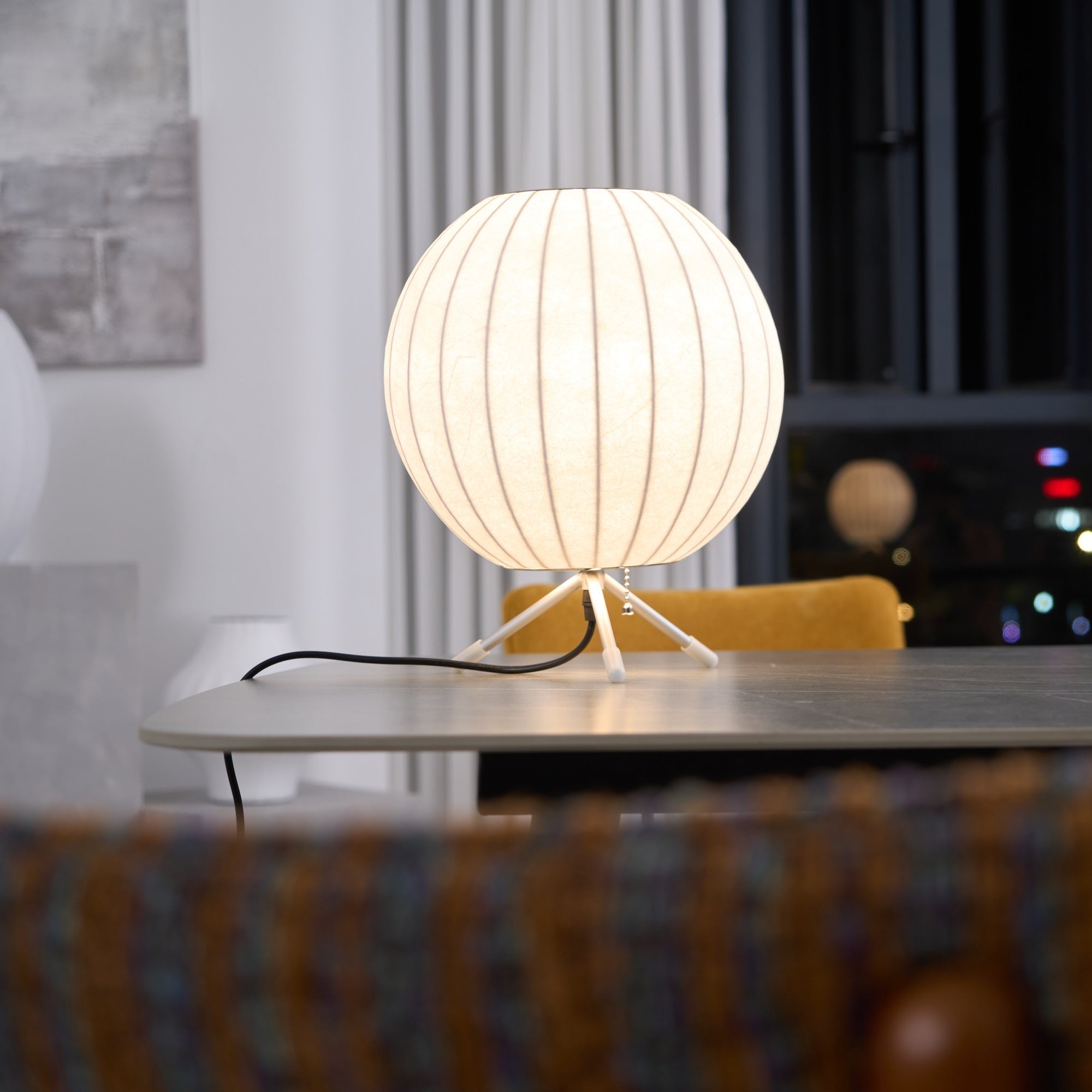 Sphere Form Table Lamp — Triangular Base, Warm Glow