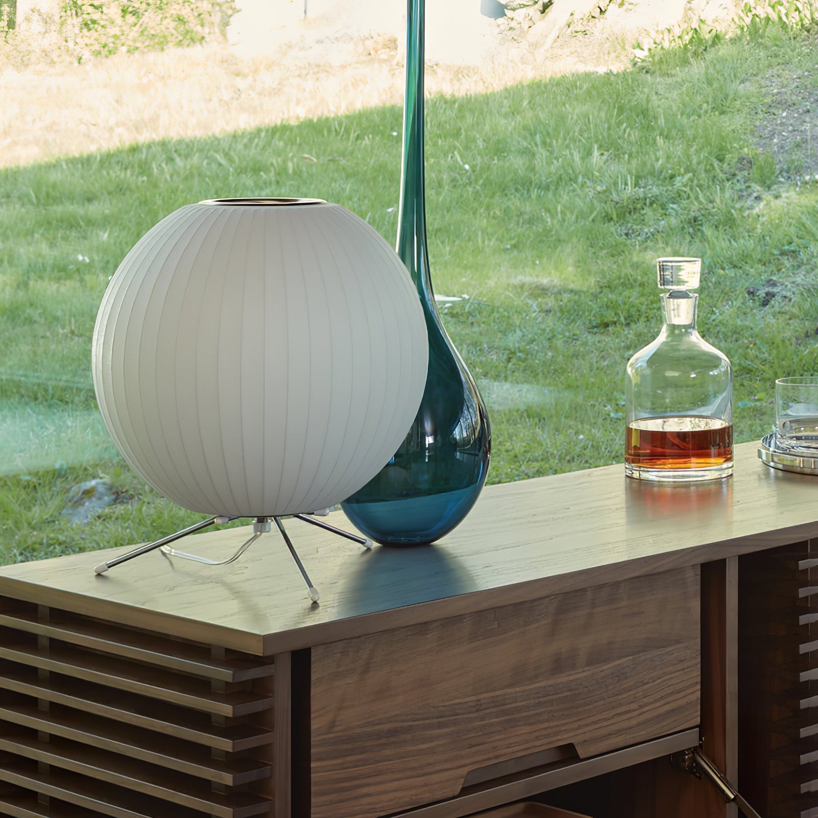 Sphere Form Table Lamp — Triangular Base, Warm Glow
