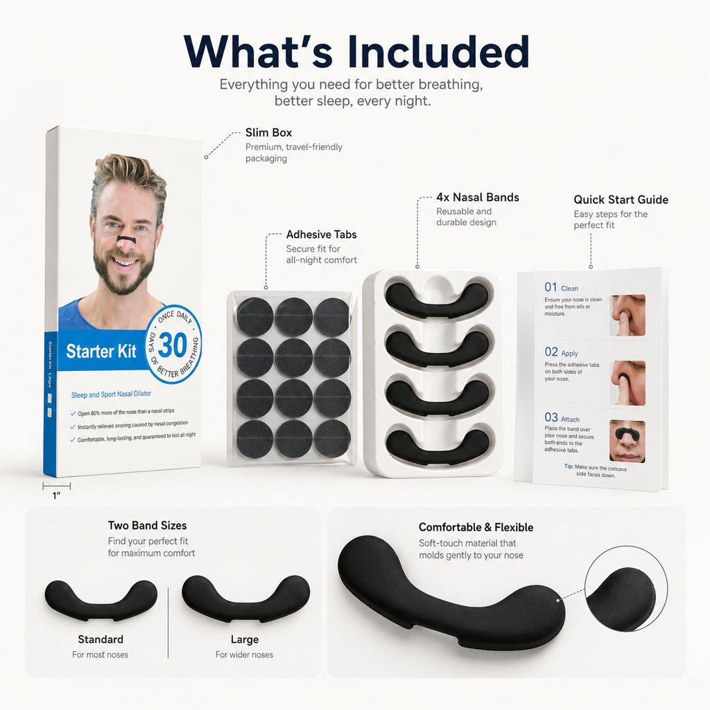 VivoSleep nose strips reduce snoring caused by nasal congestion.