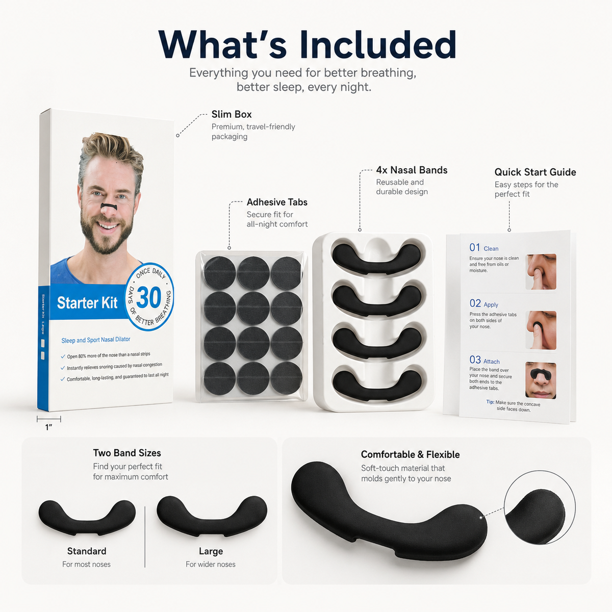 VivoSleep nose strips reduce snoring caused by nasal congestion.