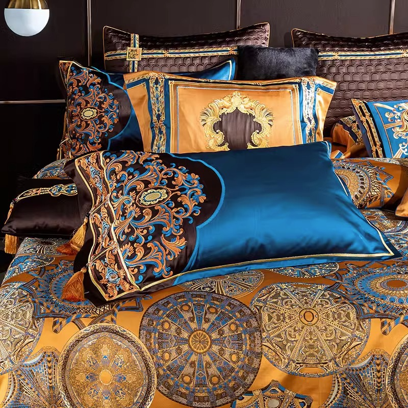 طقم مفروشات ساتان جاكار مستدير مزين بشرابات مطرزة