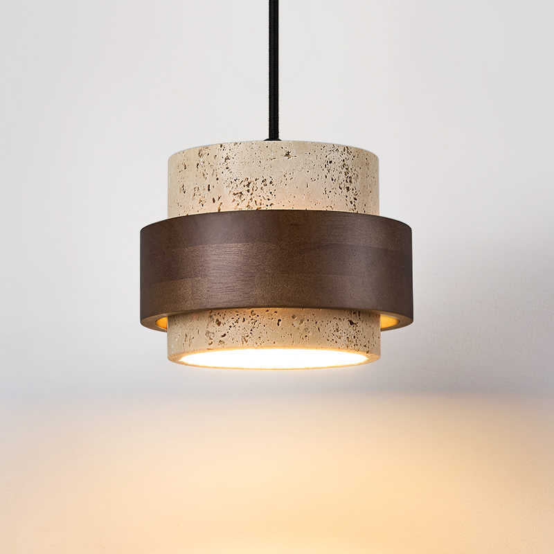 Japandi-hanglamp - plafondlamp van travertijn en walnoot