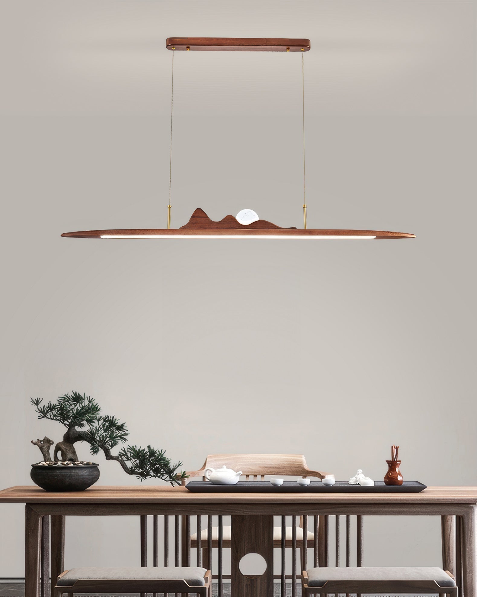 Dřevěná závěsná lampa s páskem Minimalistický design jednou linií