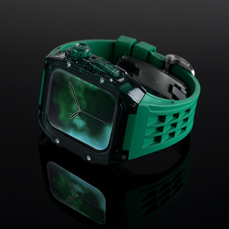 Apple Watch için RM V30 Glacier Serisi Florokauçuk Kayış Siyah Kasa Yenileme Kiti