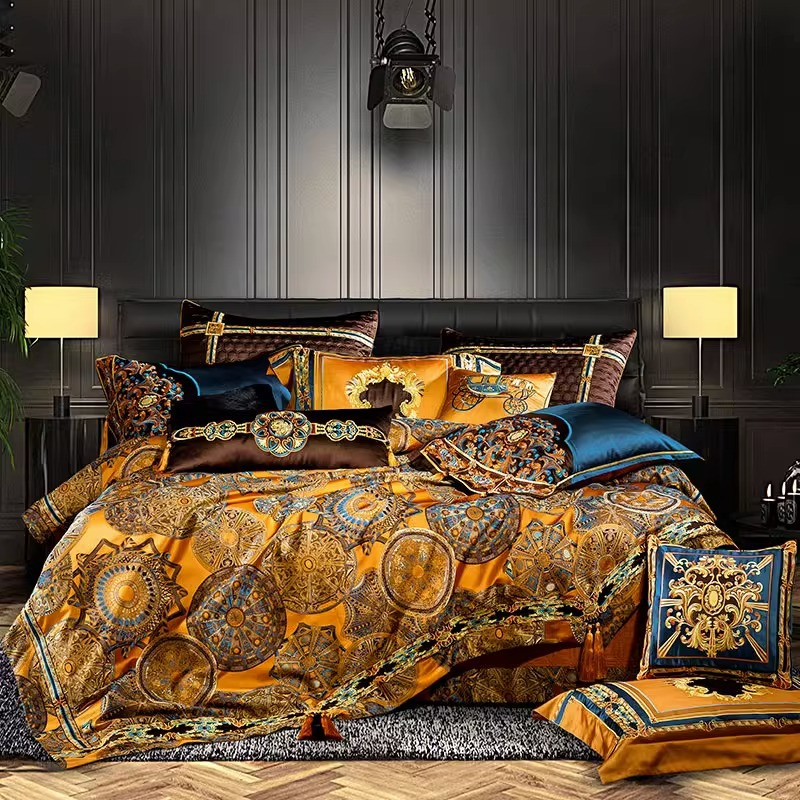 طقم مفروشات ساتان جاكار مستدير مزين بشرابات مطرزة