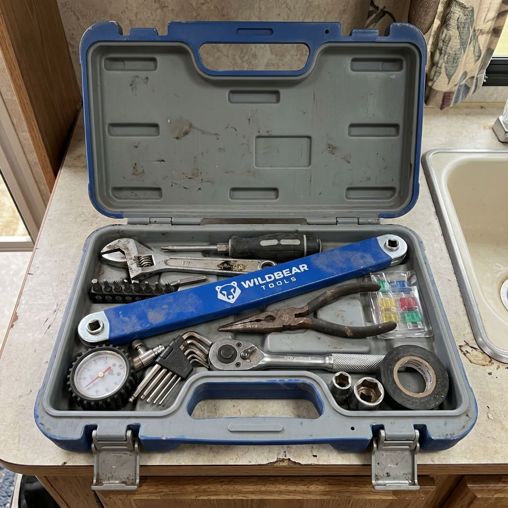Offset extension stored in a tool case with other hand tools