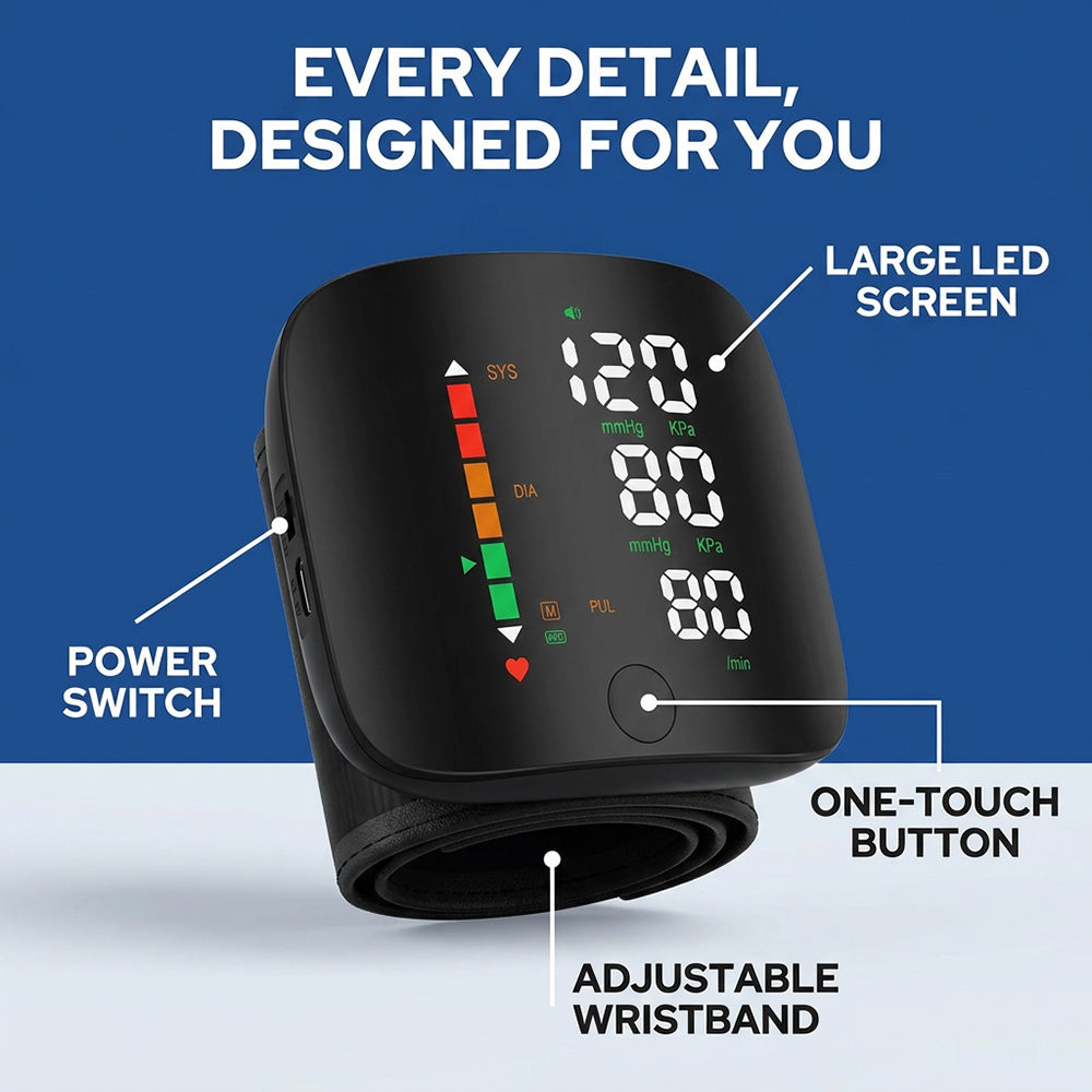 Handgelenk-Blutdruckmessgerät – Ein-Knopf-Bedienung, großes LED-Display, Sprachfunktion, wiederaufladbar