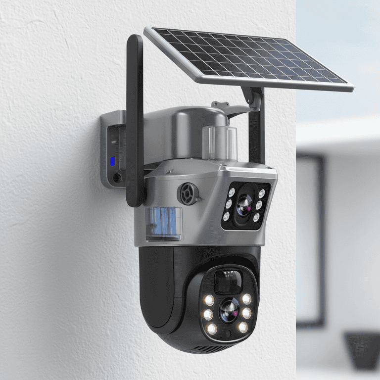 NovaGuard 4K trådløst solcelledrevet sikkerhetskamera med solcellepanel og 360-graders visning for hjem