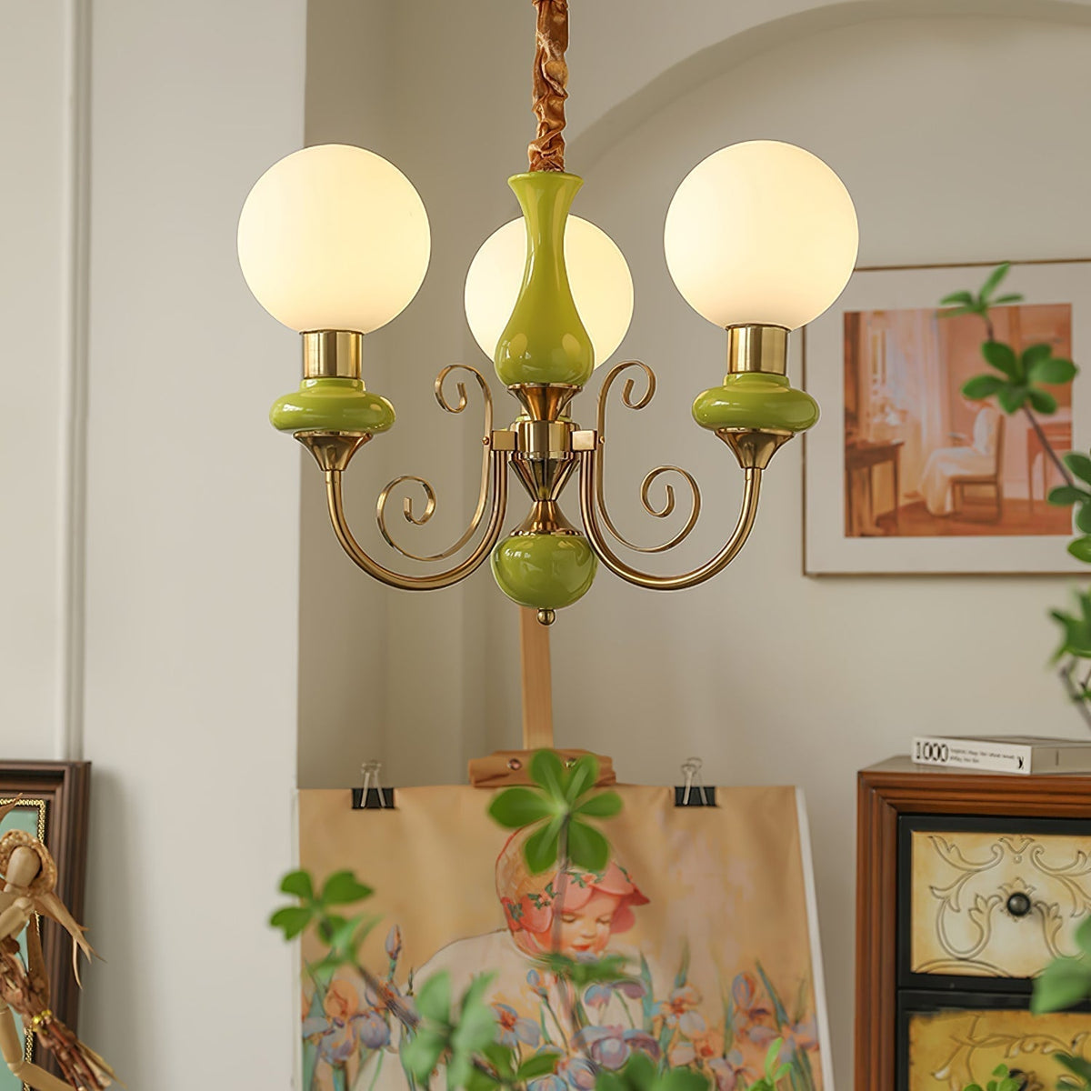 Candeeiro de teto Lustra Green Shades — Braços curvos dourados