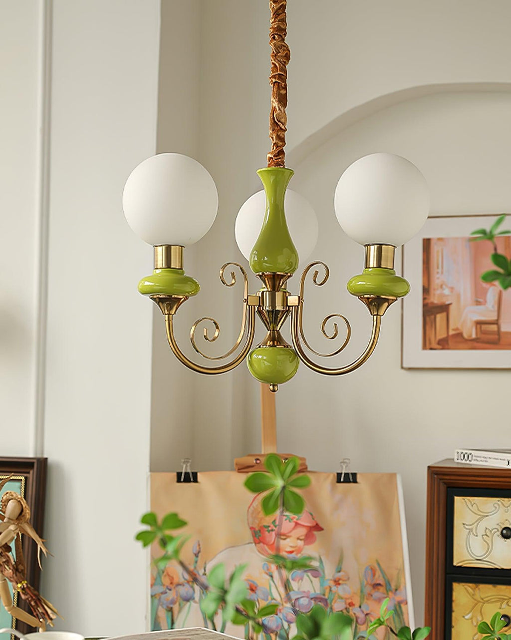 Candeeiro de teto Lustra Green Shades — Braços curvos dourados