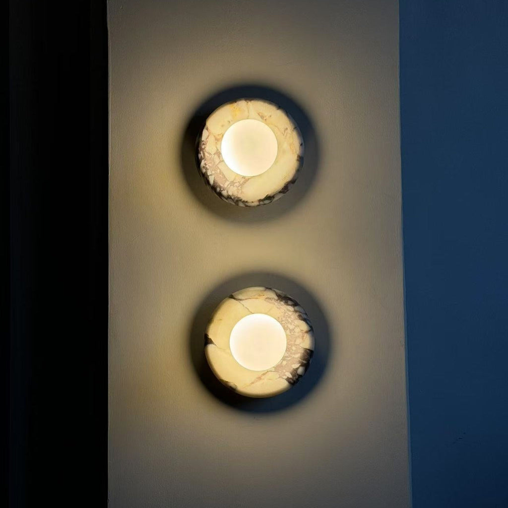 Avi Indoor Wall Sconce — Curved Marble Backplate, Round Design