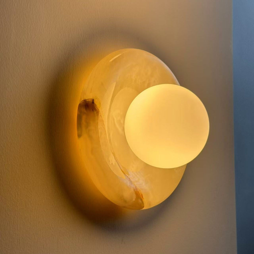 Avi Indoor Wall Sconce — Curved Marble Backplate, Round Design