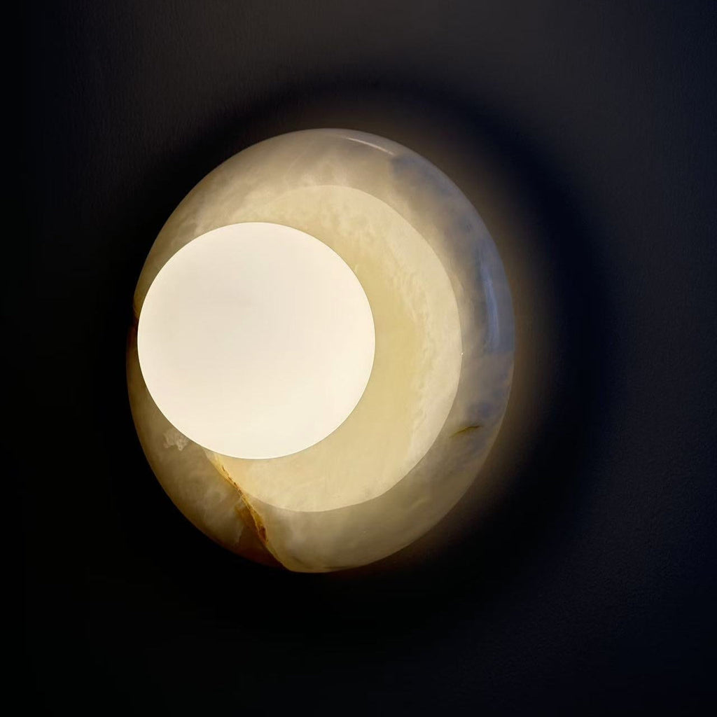 Avi Indoor Wall Sconce — Curved Marble Backplate, Round Design