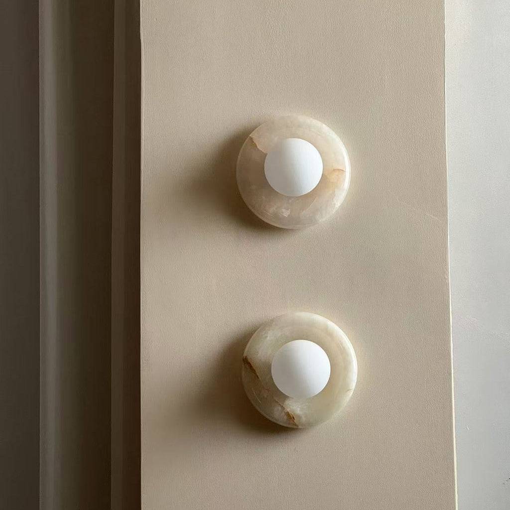 Avi Indoor Wall Sconce — Curved Marble Backplate, Round Design
