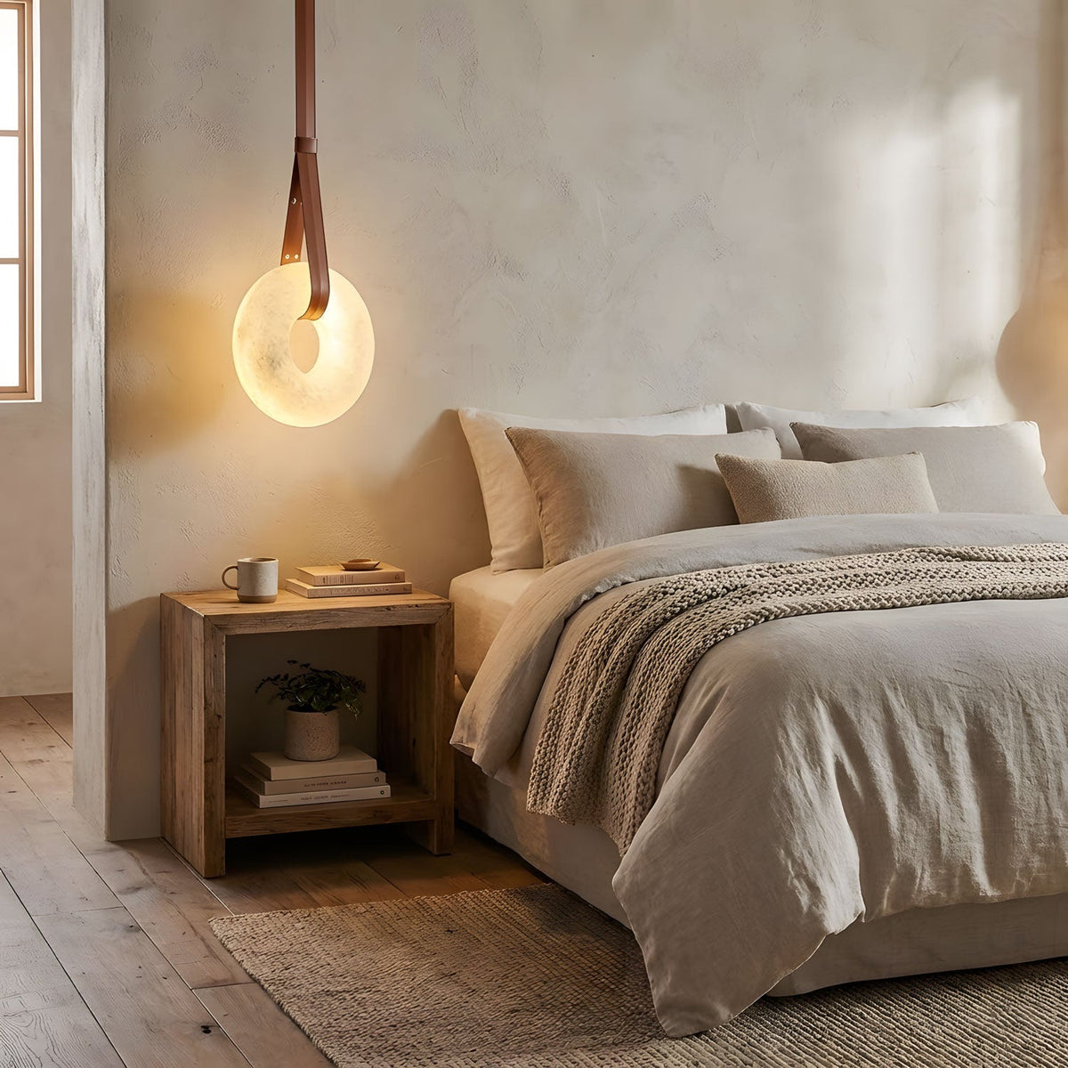 Oslo Alabaster Pendelleuchte A — handgeschnitzter Alabasterring, Lederband