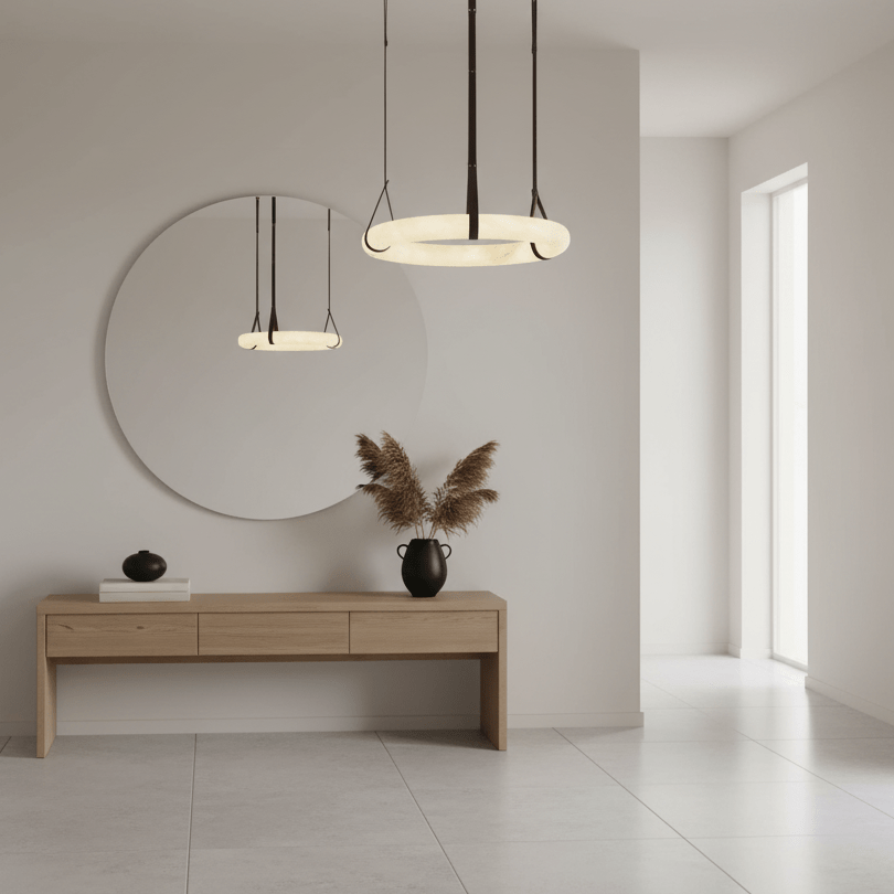 Oslo Alabaster Pendelleuchte A — handgeschnitzter Alabasterring, Lederband