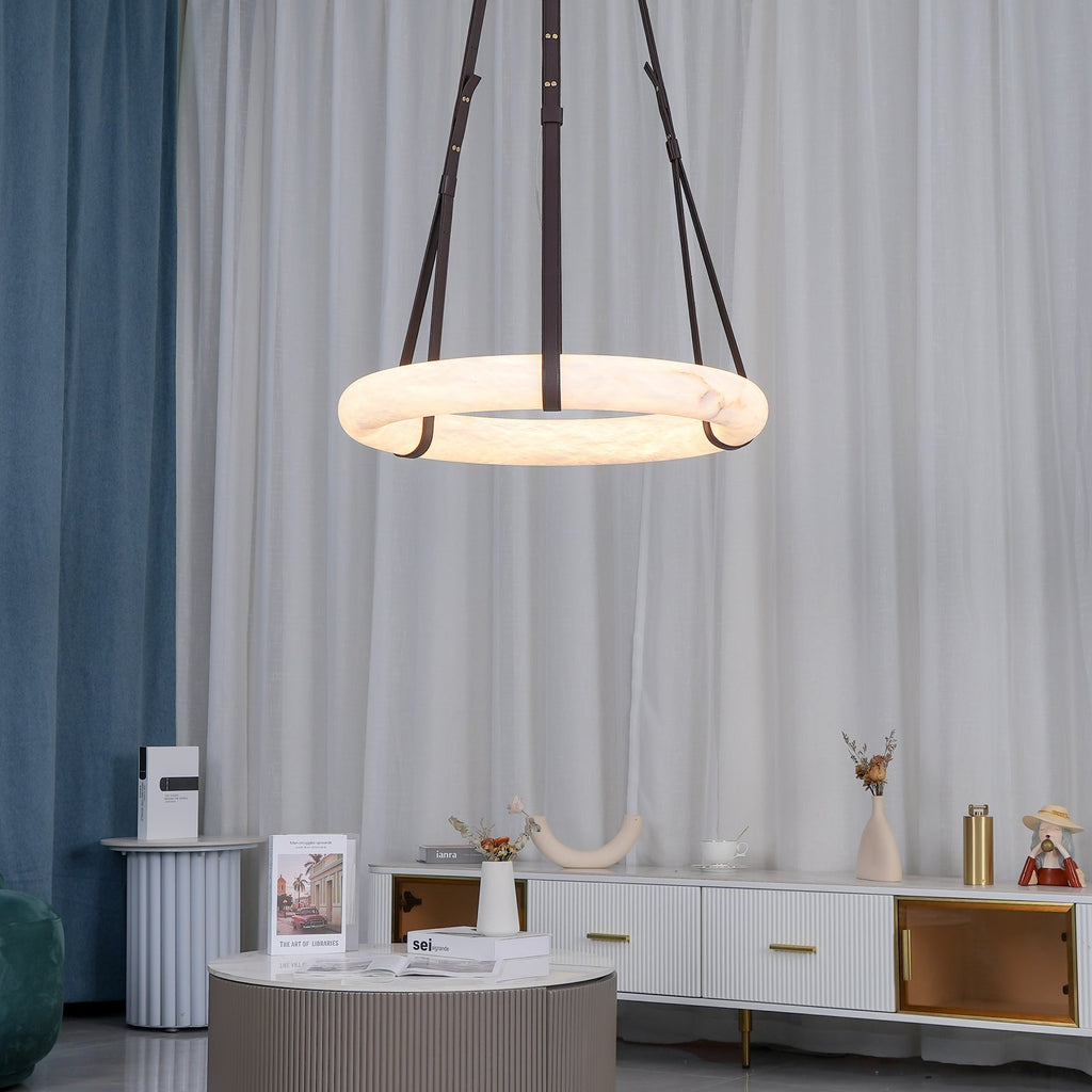 Lampada a sospensione Oslo in alabastro A — Anello in alabastro intagliato a mano, cinturino in pelle