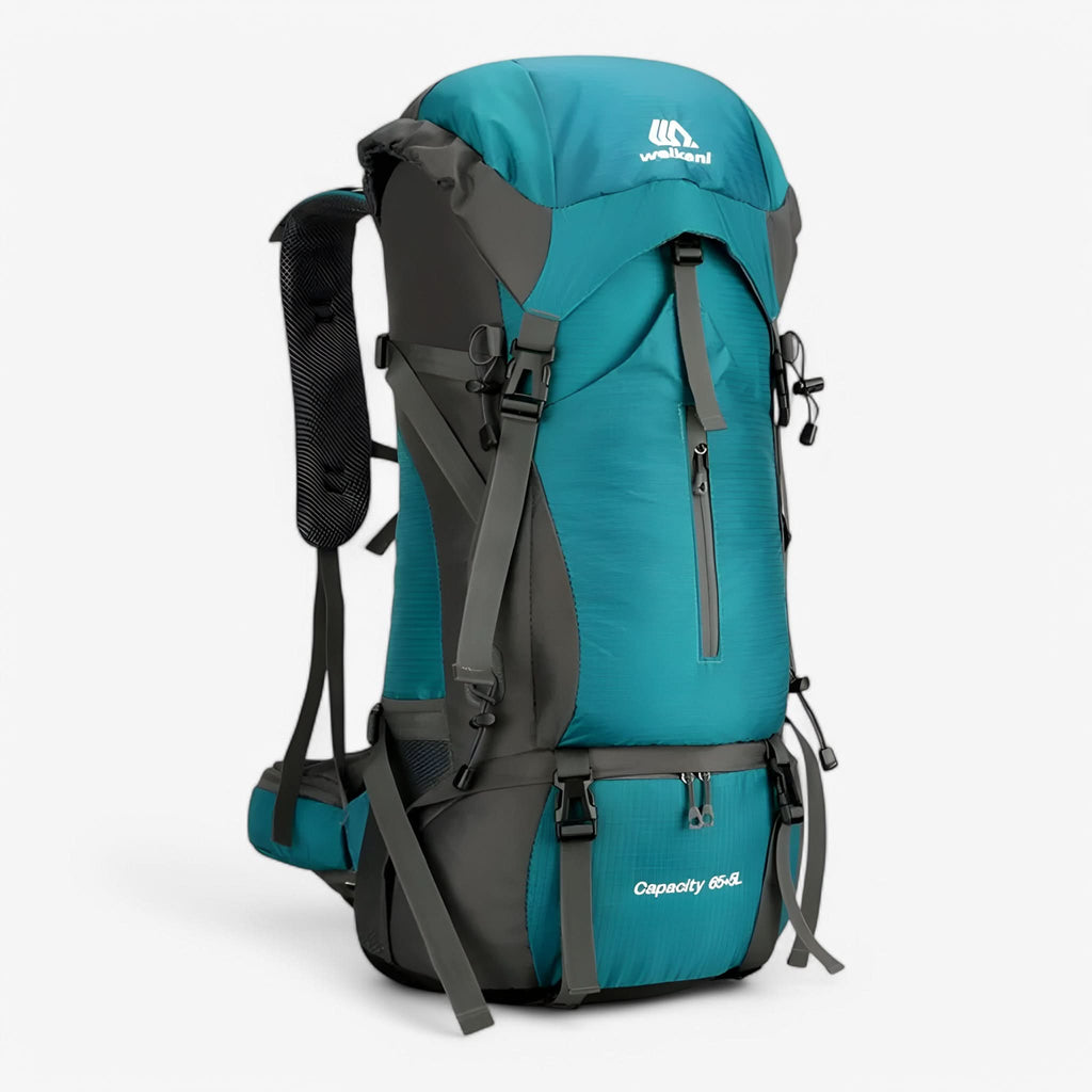 70L Hiking Rucksack - Nylon - Raincover Included - Shoe Compartment - Marine Blue, Orange & Black