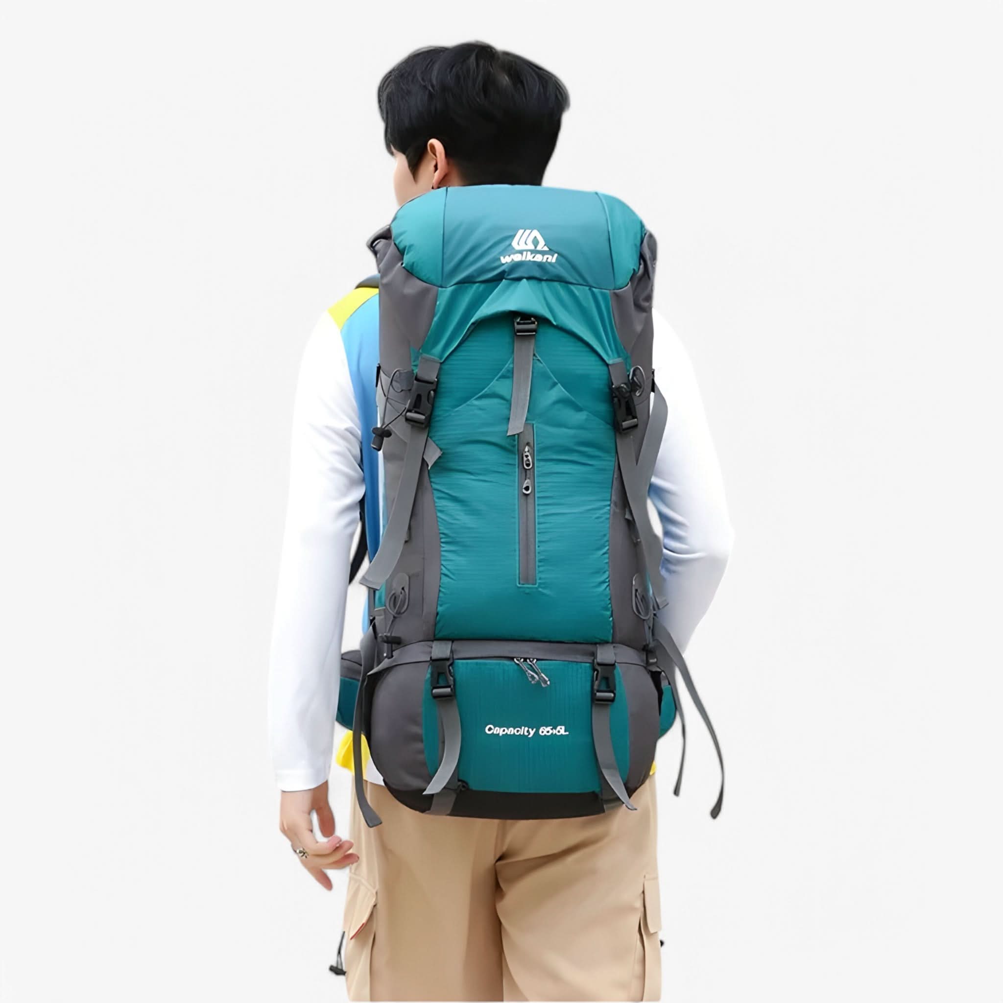 70L Hiking Rucksack - Nylon - Raincover Included - Shoe Compartment - Marine Blue, Orange & Black