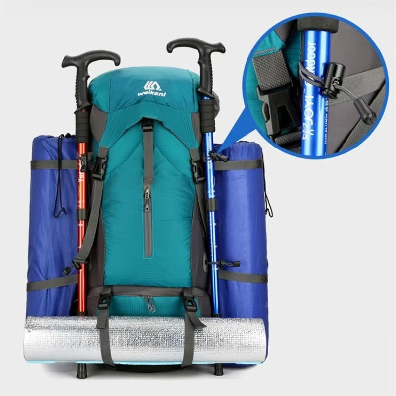 70L Hiking Rucksack - Nylon - Raincover Included - Shoe Compartment - Marine Blue, Orange & Black