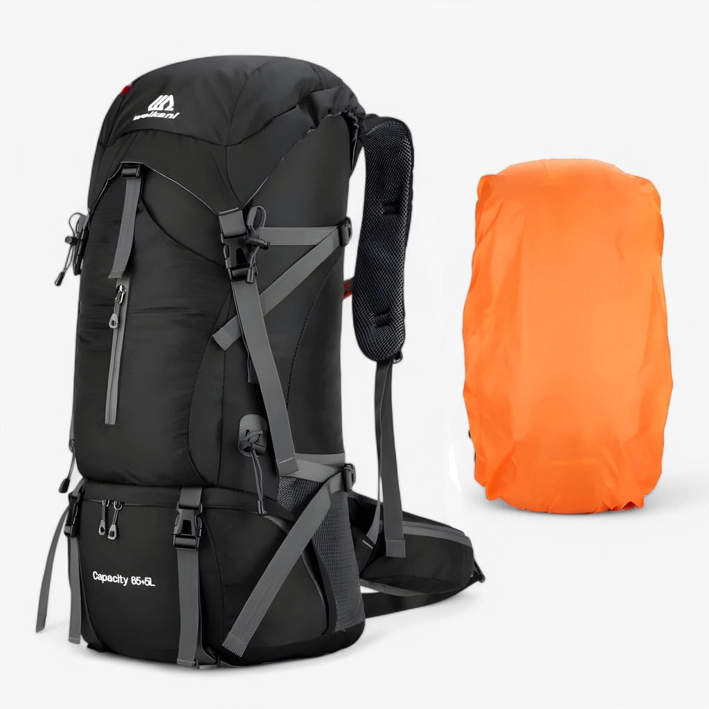70L Hiking Rucksack - Nylon - Raincover Included - Shoe Compartment - Marine Blue, Orange & Black