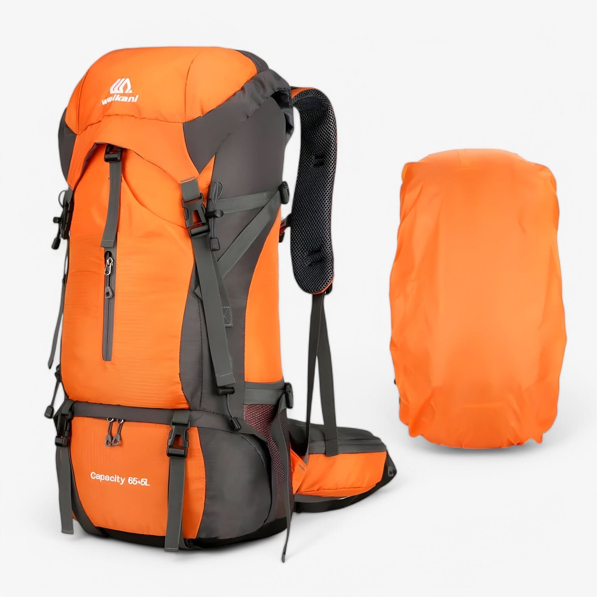 70L Hiking Rucksack - Nylon - Raincover Included - Shoe Compartment - Marine Blue, Orange & Black