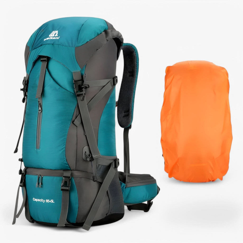 70L Hiking Rucksack - Nylon - Raincover Included - Shoe Compartment - Marine Blue, Orange & Black