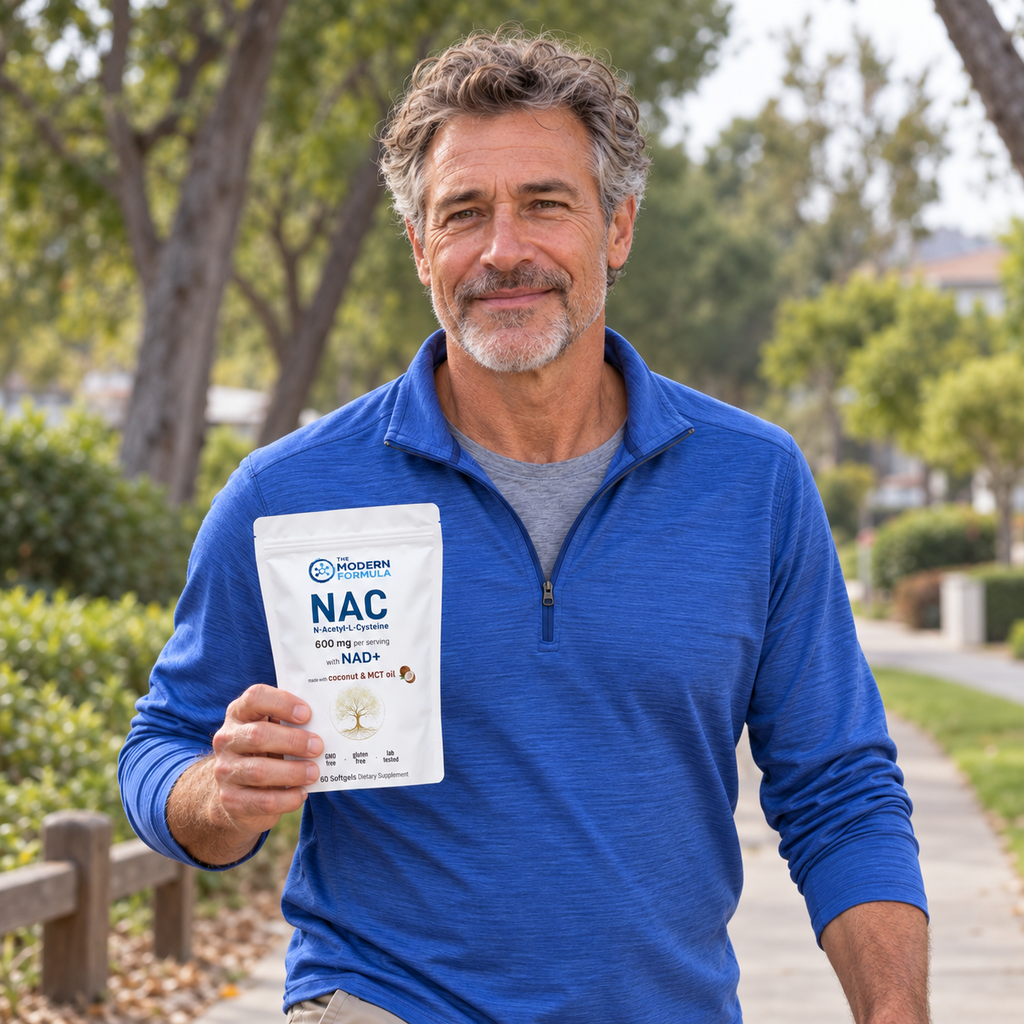 Man outdoors in a blue jacket holding the pouch