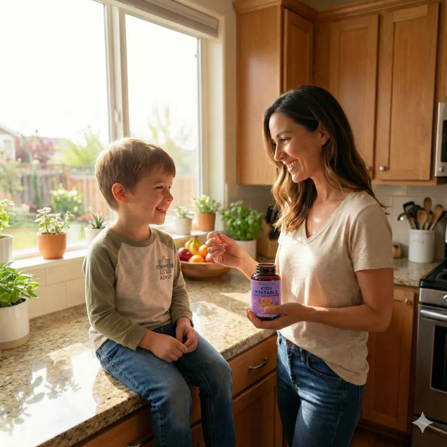 Mother handing a meltable chewable to her son at the kitchen counter