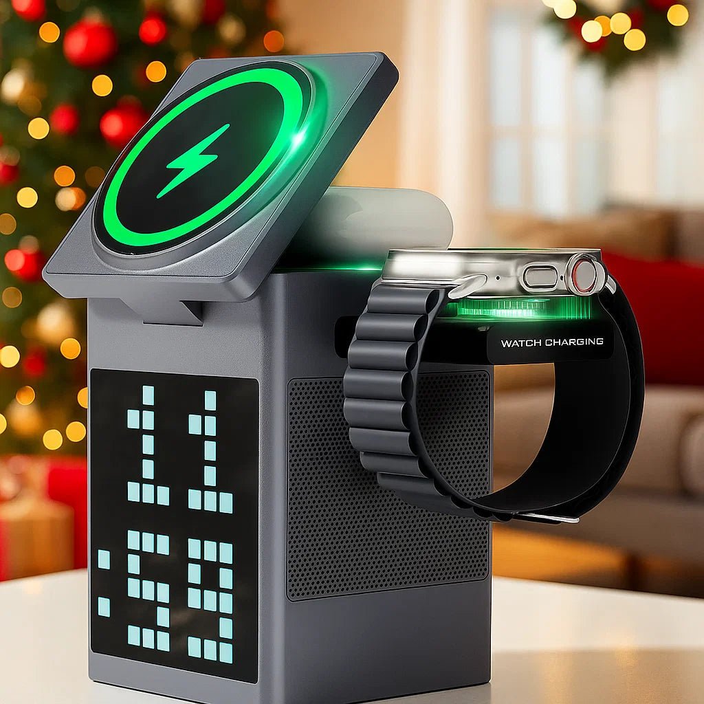 NovaLink 3-in-1 kabelloses Ladegerät mit Bluetooth-Lautsprecher und LED-Uhr für Technikprofis