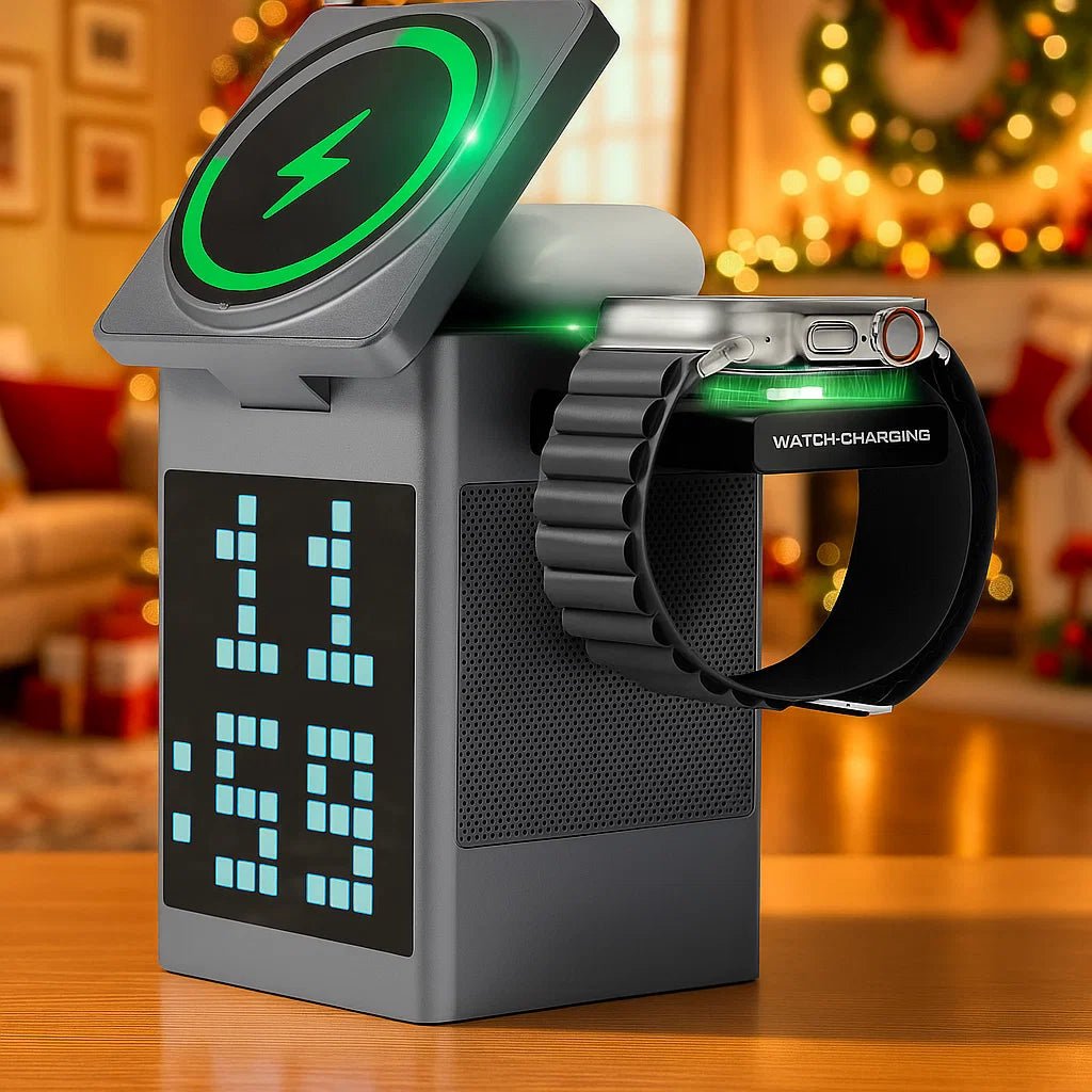 NovaLink 3-in-1 kabelloses Ladegerät mit Bluetooth-Lautsprecher und LED-Uhr für Technikprofis