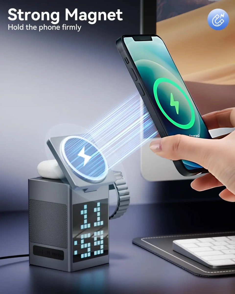 NovaLink 3-in-1 kabelloses Ladegerät mit Bluetooth-Lautsprecher und LED-Uhr für Technikprofis