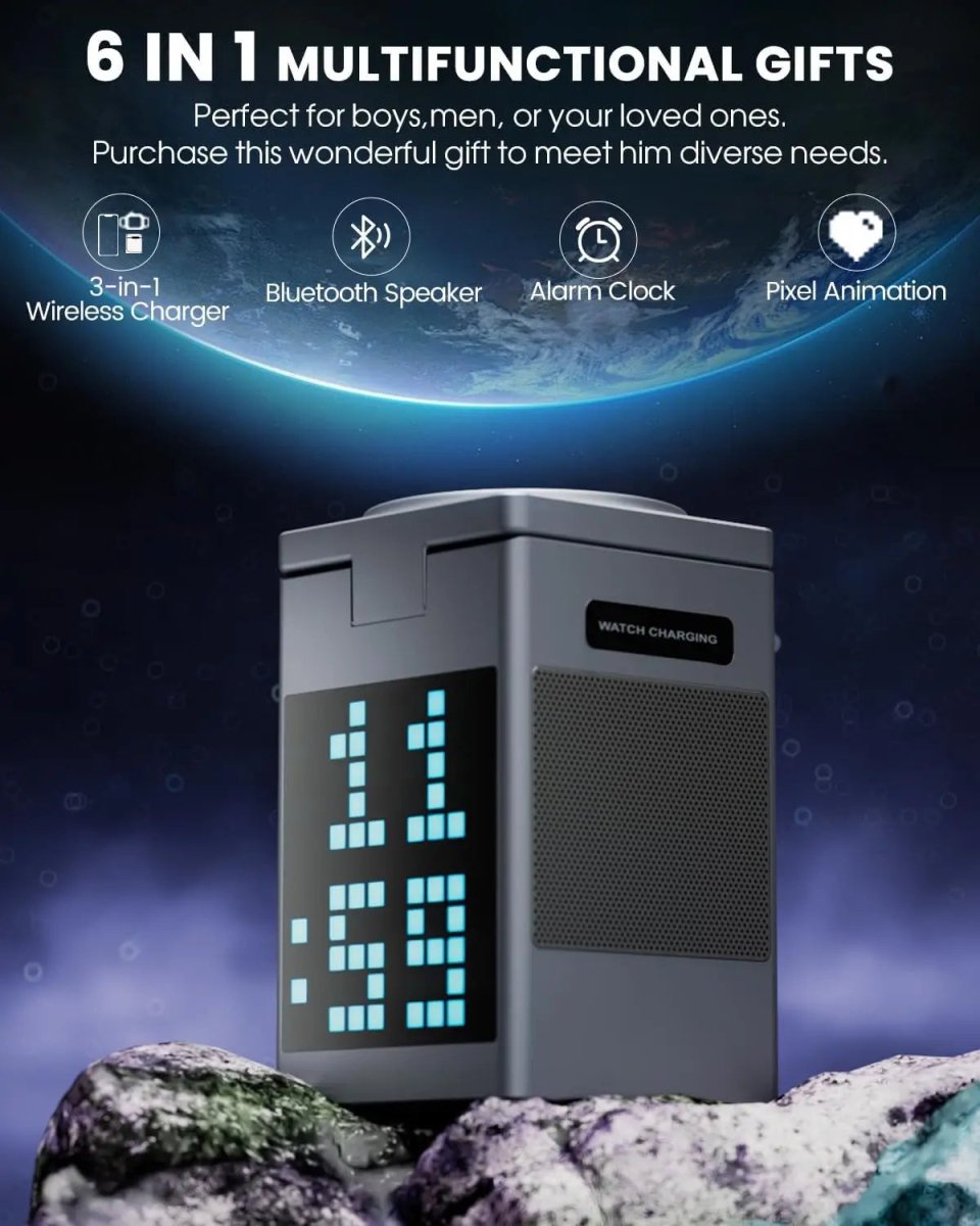 NovaLink 3-in-1 kabelloses Ladegerät mit Bluetooth-Lautsprecher und LED-Uhr für Technikprofis