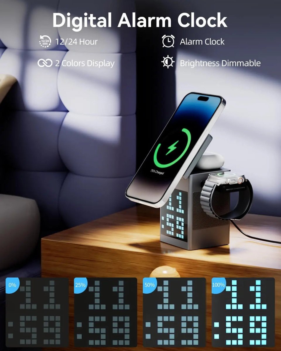 NovaLink 3-in-1 kabelloses Ladegerät mit Bluetooth-Lautsprecher und LED-Uhr für Technikprofis