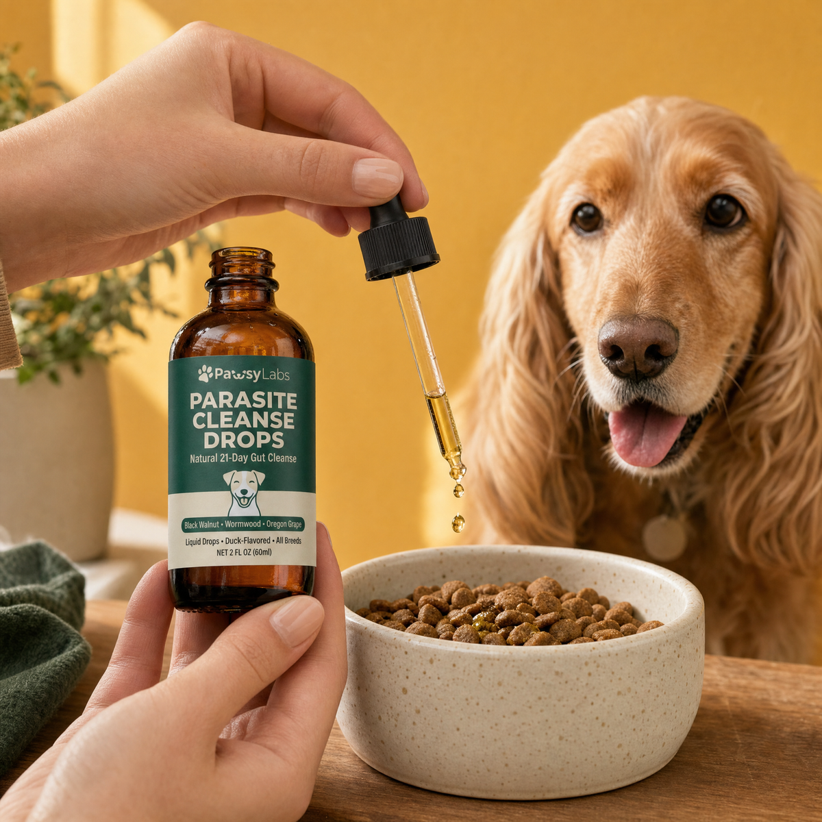 Owner adding herbal drops with a pipette to a happy dog's food bowl