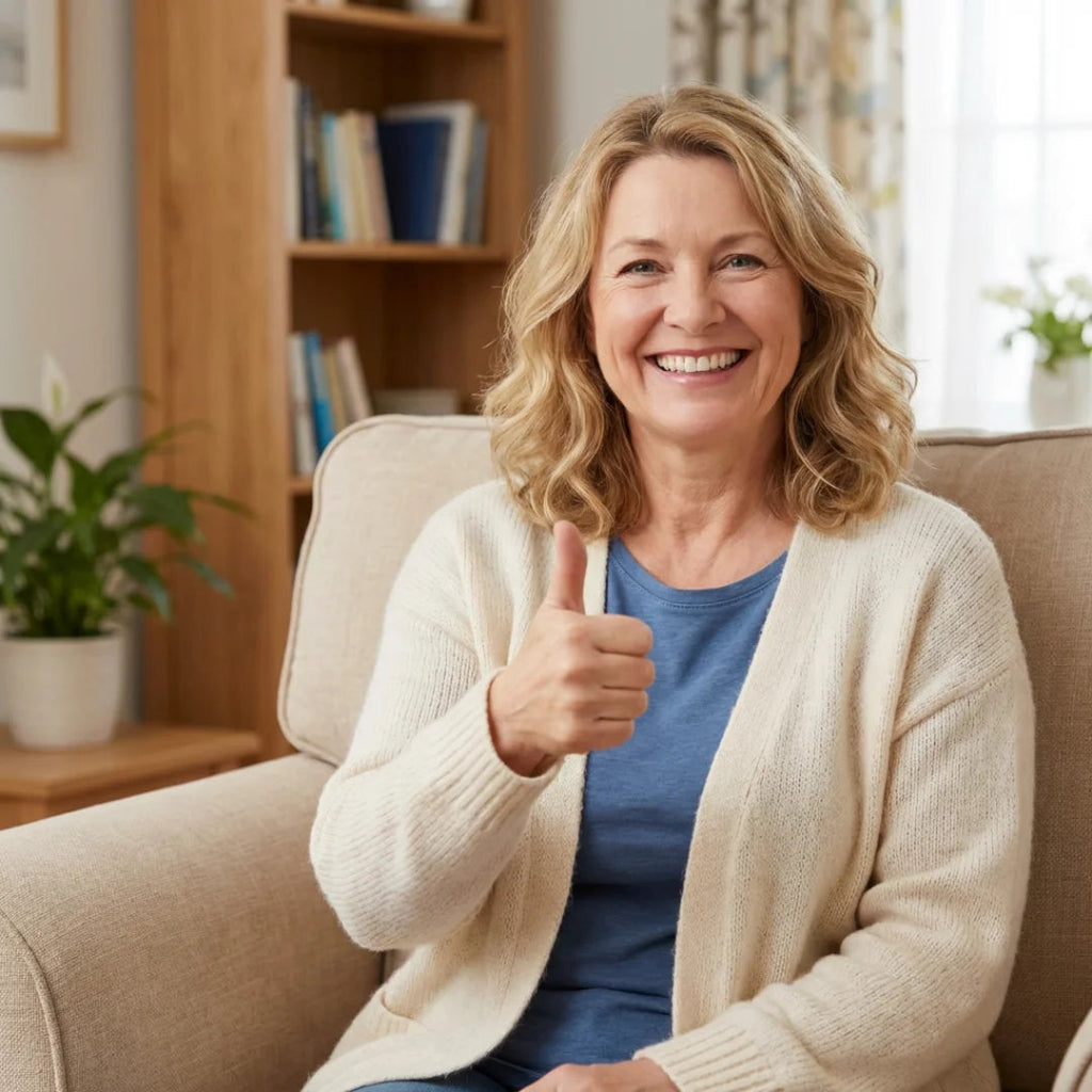 Cheerful woman sitting at home