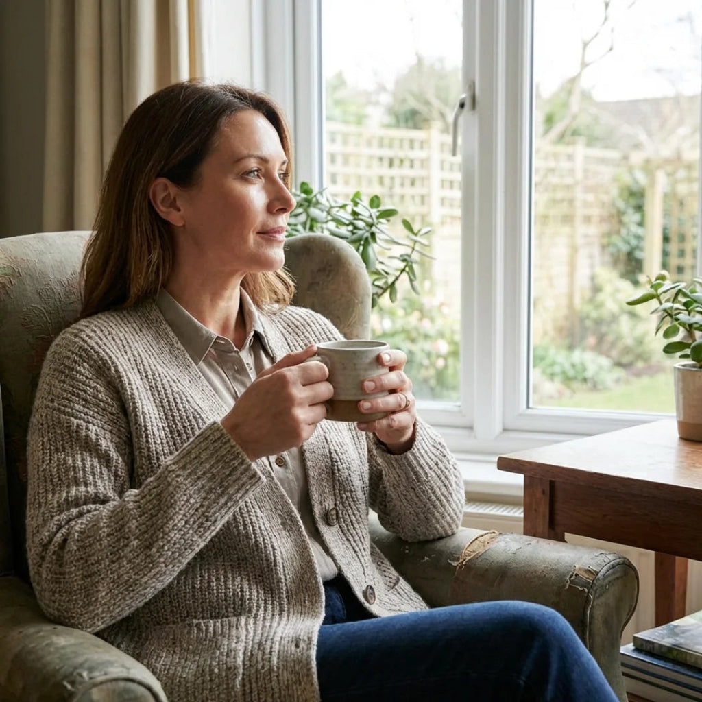 Woman relaxing by a window with a warm drink