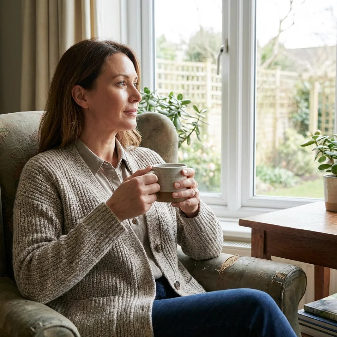 Woman relaxing in an armchair with a cup of tea